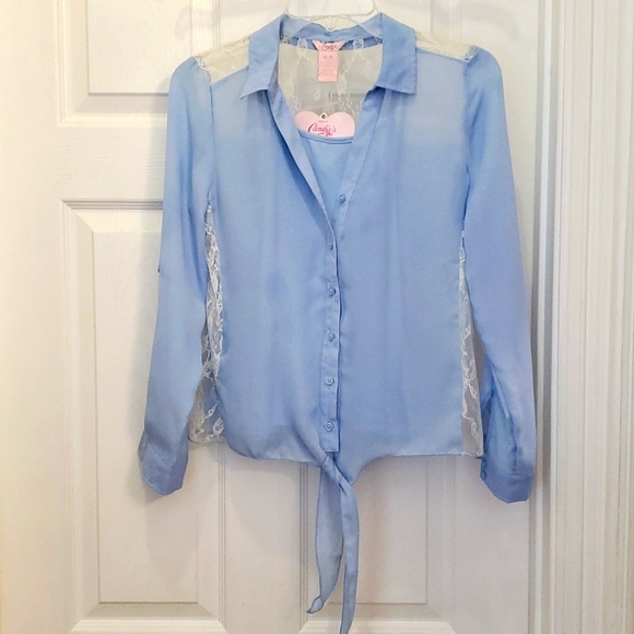 Candie's Girl XL 16 Light Blue with Lace Detail Button Tie Front Top - Picture 1 of 4